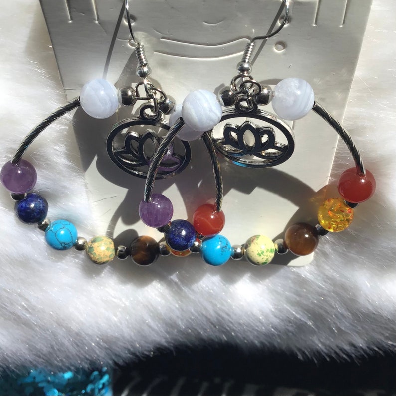 Gemstone Chakra Hoop Earrings w Gray Agate /& Lotus Flower