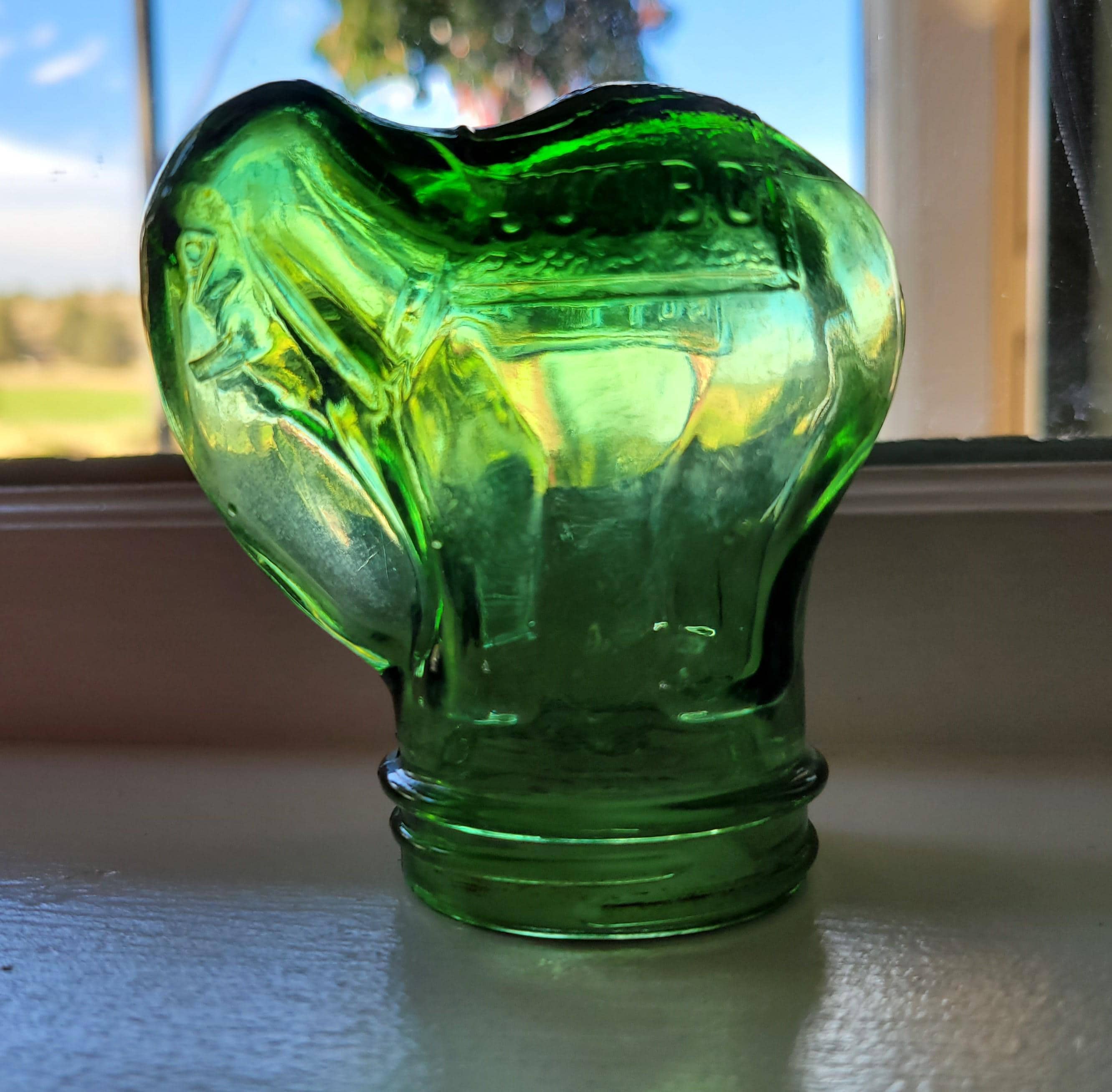1930s Jumbo Peanut Butter Jar Green Glass Embossed Elephant Bank