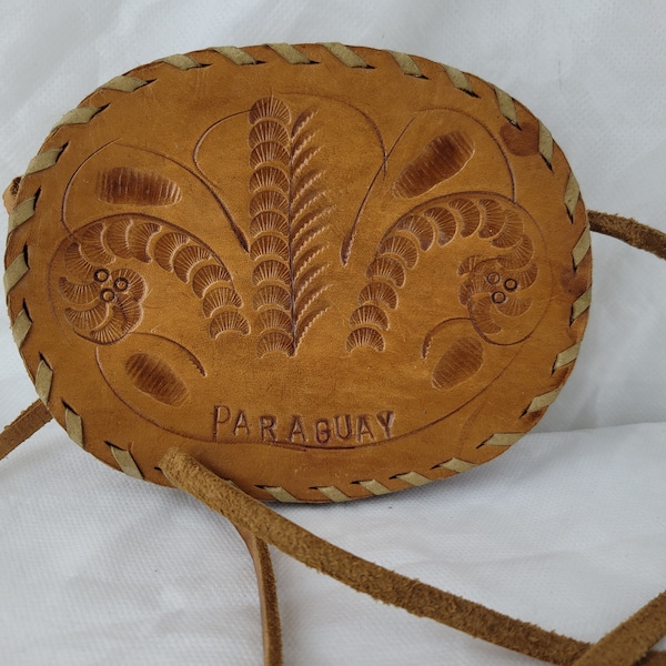 Vintage Hand Tooled Leather Purse Embossed Shoulder or Crossbody with Zipper Stamped Paraguay. Tourist Souvenir from the 60s or mid-century