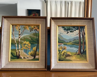 Vintage MCM verf op nummer landschap beekjes, berkenboom, bergen ingelijste kunst jaren 60