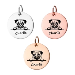 Pug Charm ,Personalized Stainless Steel Custom Name Engraved  Dog Pendant, Memorial Keepsake for Dog Mom, Dog Lover Gifts