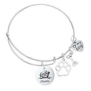 Shih Tzu Gifts ,Personalized Charm Bracelet Custom Name Engraved  Dog Bangle, Memorial Keepsake for Dog Mom, Dog Lover Gift