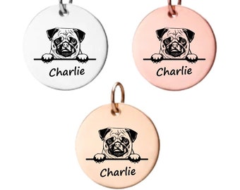 Pug Charm ,Personalized Stainless Steel Custom Name Engraved  Dog Pendant, Memorial Keepsake for Dog Mom, Dog Lover Gifts