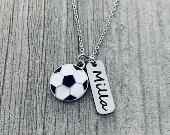 Girls Soccer Necklace, Personalized Soccer Jewelry, Engraved Charm, Girls Custom Soccer Gift, Soccer Team, Soccer Player Gift, Soccer Gifts