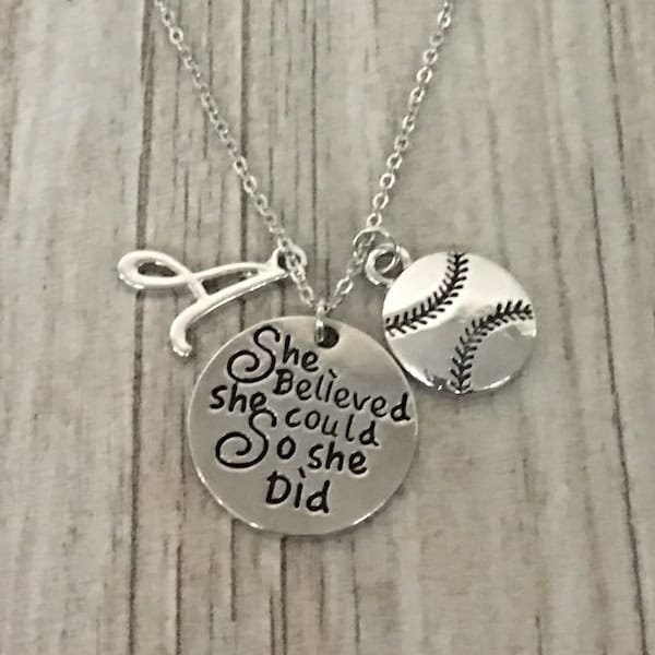 Personalized Softball Necklace, Custom Softball She Believed She Could Letter Charm Pendant, Softball Player, Softball Team Gift