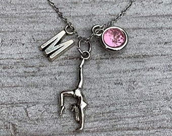 Personalized Girls Gymnastics Necklace with Letter & Birthstone Charm, Custom Gymnastics Jewelry - Gymnast Necklace For Gymnast