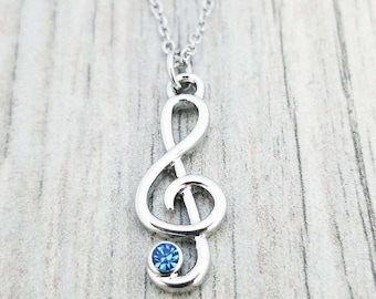 Personalized Music Necklace Gift with Birthstone Charm- Treble Clef Pendant Jewelry - Music Lover Gifts - Music Note- Women, Teens, Girls