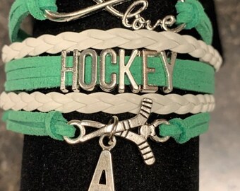 Personalized Hockey Stick Letter Charm Bracelet, Infinity Hockey Jewelry, Hockey Jewelry, Gift for Girl Hockey Players, Hockey Team