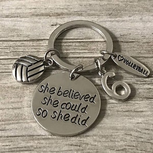 Personalized Volleyball Keychain w/ Number Charm, Custom She Believed She Could So She Did Volleyball Gift, Volleyball Keychain, Volleyball