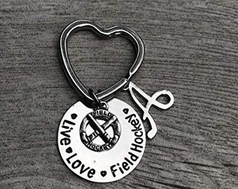 Personalized Field Hockey Live Love Charm Keychain with Letter Charm, Custom Field Hockey Jewelry for Women and Girls, Hockey Keychain