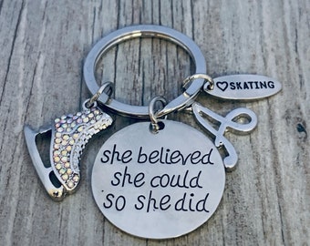 Personalized Figure Skating She Believed She Could Keychain with Initial Charm, Custom Figure Skate Jewelry, Ice Skating Gift Ideas