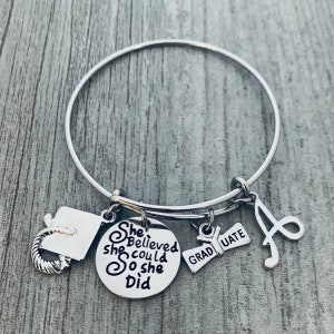 Personalized Girls Graduation Bangle Bracelet Letter Charm, She Believed She Could Graduation Gift, Gift for Graduates, Class of 2024 image 1