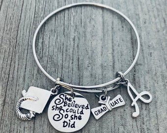 Personalized Girls Graduation Bangle Bracelet Letter Charm, She Believed She Could Graduation Gift, Gift for Graduates, Class of 2024