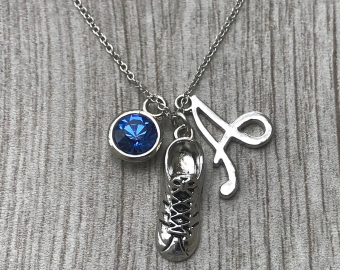 Personalized Runners Necklace, Custom Running Birthstone & Initial Charm Necklace, Sneaker Pendant, Track Field, Marathon