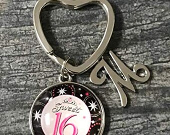 Personalized Girls Sweet 16 Inspirational Keychain with Initial, Custom Sweet Sixteen Jewelry Birthday Gift For Girls, 16th Bday Gift Idea