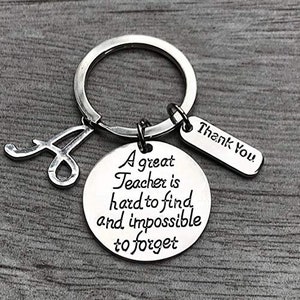 Personalized Teacher Keychain w/ Letter Charm, Great Teacher is Hard to Find But Impossible to Forget Teacher Jewelry, Teacher Keychain Gift