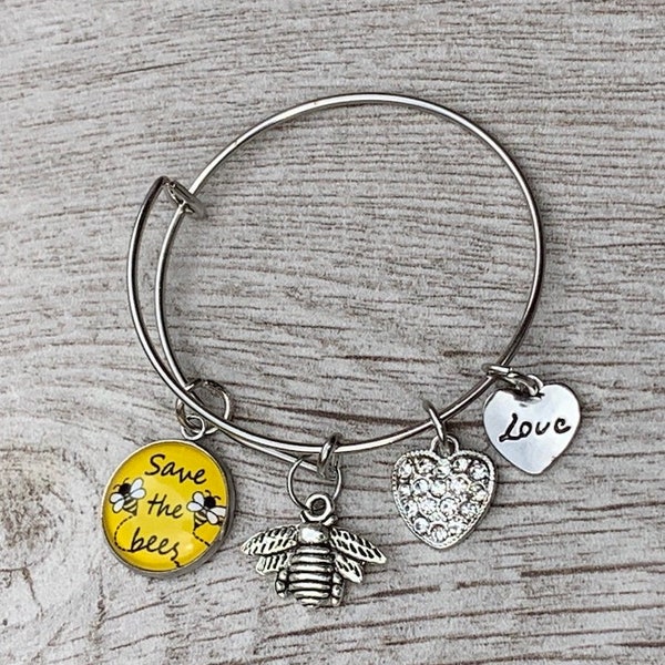 Save the Bees Charm Bangle Bracelet, Bumble Bee Jewelry, Infinity Love Honey Bee Bracelet for Women, Teens and Girls