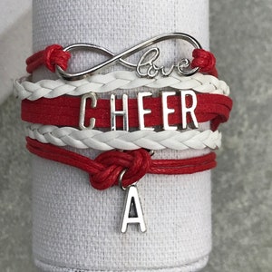 Personalized Cheer Initial Letter Bracelet, Infinity Cheerleader Charm Bracelet, Cheerleading Charm Bracelet, Cheer Gift, Cheerleader Gift