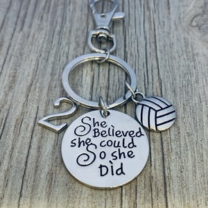 Personalized Volleyball Keychain w/ Number Charm, Custom She Believed She Could So She Did Volleyball Gift, Volleyball Zipper Pull Key Ring