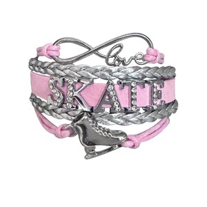 Bracelet de patinage artistique pour filles, Infinity Figure Skater Wrap Charm Bracelet, Bijoux de patinage sur glace, Bracelet de patin à glace, Cadeaux de patinage artistique Pink/Silver Rhine