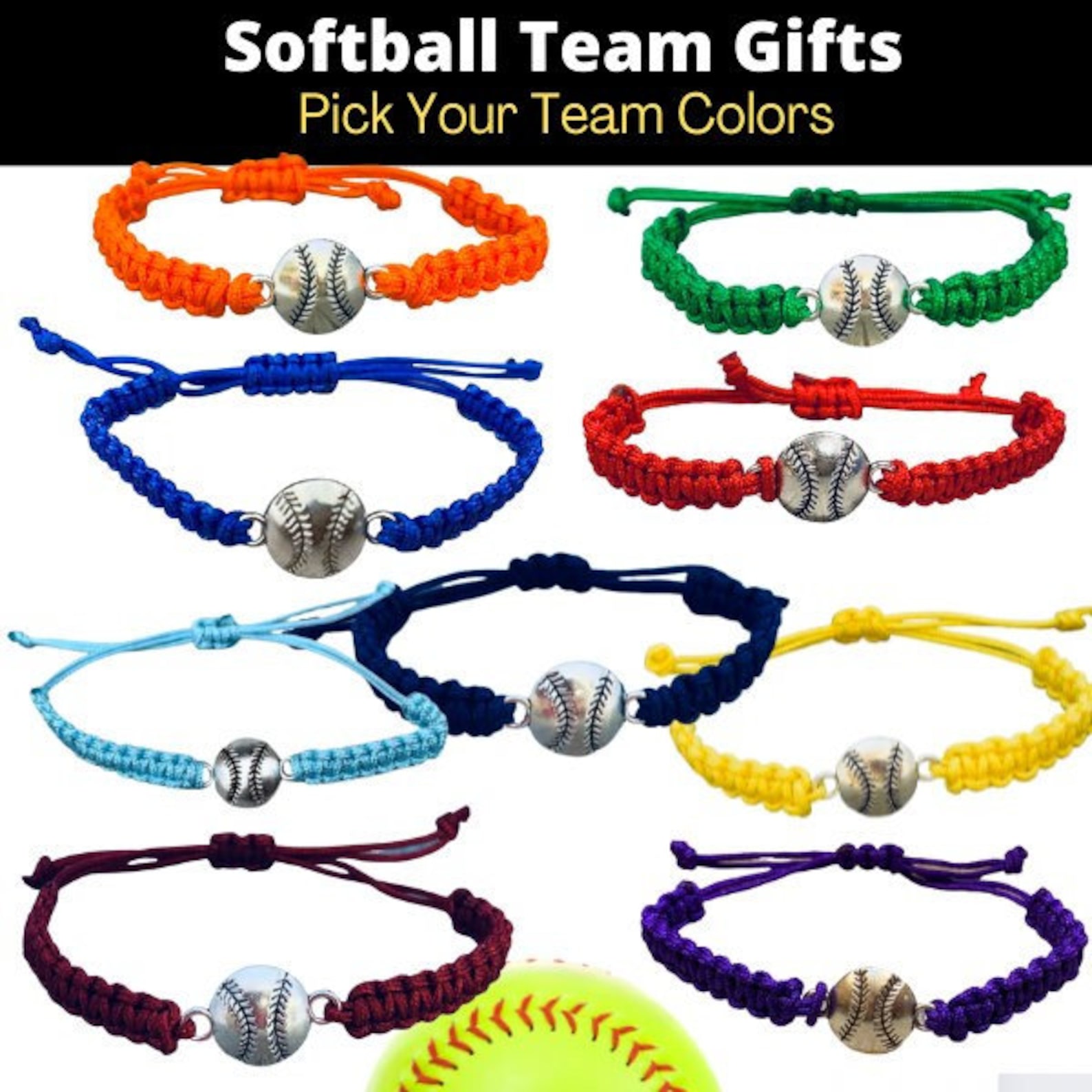 Softball Bracelet Girls Softball Jewelry Adjustable Braided Etsy