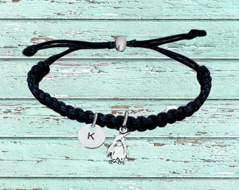 Personalized Penguin Gift, Engraved Initial Letter Penguin Adjustable Rope Bracelet, Penguin Jewelry, Penguin Lover Gift Accessories