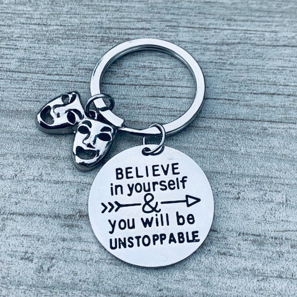 Drama Gift, Theater Keychain Believe In Yourself Comedy Tragedy Masks Charm Jewelry Drama Teacher Thespian Motivational Gift for Women