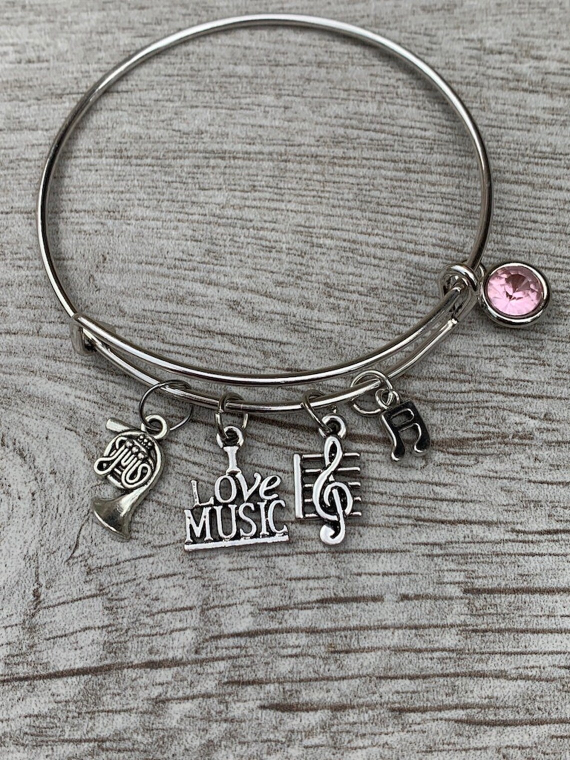 Personalized French Horn Charm Birthstone Bangle Bracelet Etsy