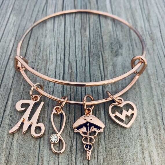 Personalized Nurse Charm Bangle Bracelet W Letter Charm Rose