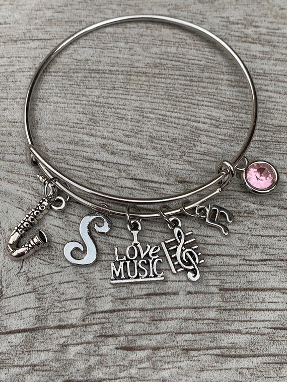 personalized bracelet saxophone charm bracelet initial bracelet monogram expandable bangle charm bangle Saxophone bangle