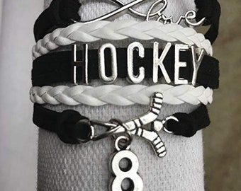 Personalized Hockey Stick Charm Bracelet w/ Number Charm, Infinity Hockey Jewelry, Hockey Jewelry, Gift for Girl Hockey Players, Hockey Team