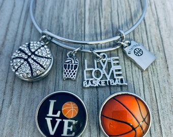 Girls Basketball Charm Bracelet, Interchangeable Snap Charm Basketball Jewelry, 3 Charm Bangle Bracelet, Team Gift, Girl Player