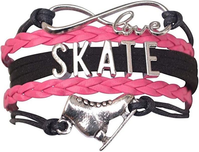 Bracelet de patinage artistique pour filles, Infinity Figure Skater Wrap Charm Bracelet, Bijoux de patinage sur glace, Bracelet de patin à glace, Cadeaux de patinage artistique Pink/Black