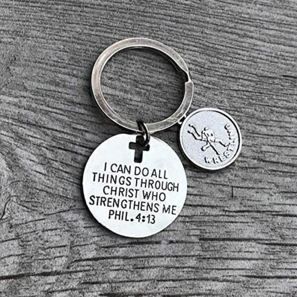 Wrestling Charm Keychain, I Can Do All Things Through Christ Who Strengthens Me Phil. 4:13 Jewelry, Wrestling Keychain, Wrestling Keyring