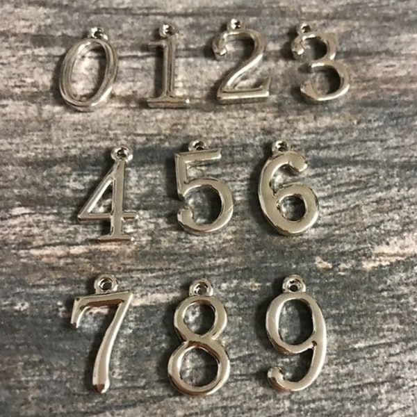 Silver Number Charms, You pick number, 1 2 3 4 5 6 7 8 9 0, Jewelry Making,  Keychains, Anniversary Birthday Necklaces, Number Pendant