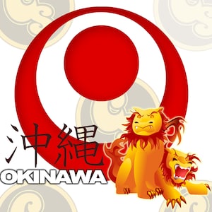 May include: A red circle with a white center and the text "Okinawa" in black. Two golden lion-like creatures with red manes are in the bottom right corner. The text "沖繩" is in black on the left side of the circle.