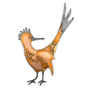 May include: A metal sculpture of a roadrunner bird with a long tail and a crested head. The bird is painted in shades of orange and brown.