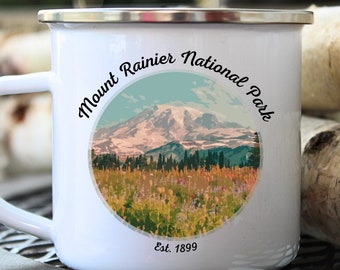 Mt Rainier Enamel Camping Mug, Mt Rainier National Park Washington enamel mug, 12oz PNW camper mug, fireproof backpacking coffee cup