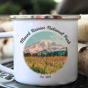 Mt Rainier Enamel Camping Mug, Mt Rainier National Park Washington enamel mug, 12oz PNW camper mug, fireproof backpacking coffee cup