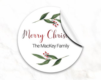 Personalized holiday labels, Foliage gift label tag, labels, modern Christmas labels, Simple round labels, holly gift stickers for Christmas