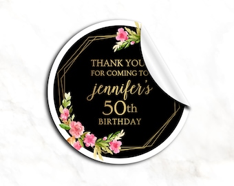 Personalize sticker 50th Birthday Labels, Gold Black labels, 50th Birthday Party, Floral Personalized Sticker, Envelope Seals, 70th Birthday