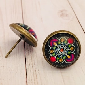 Psychedelic Flower - Glass Photo Earrings - 12mm - Cabochon - Studs - Half Inch - Picture - Hippie