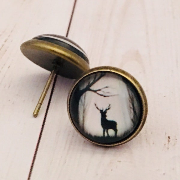 Deer In The Forest - Glass Photo Earrings - Studs - Picture - Black And White - Hunter