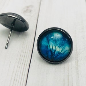 Beautiful Tree - Glass Photo Earrings - 12mm - Cabochon - Studs - Half Inch - Picture - Night