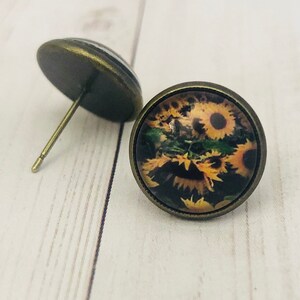 Sunflower - Glass Photo Earrings - 12mm - Cabochon - Studs - Picture Earrings