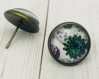 Succulent - Glass Photo Earrings - 12mm - Cabochon - Studs - Picture Earrings