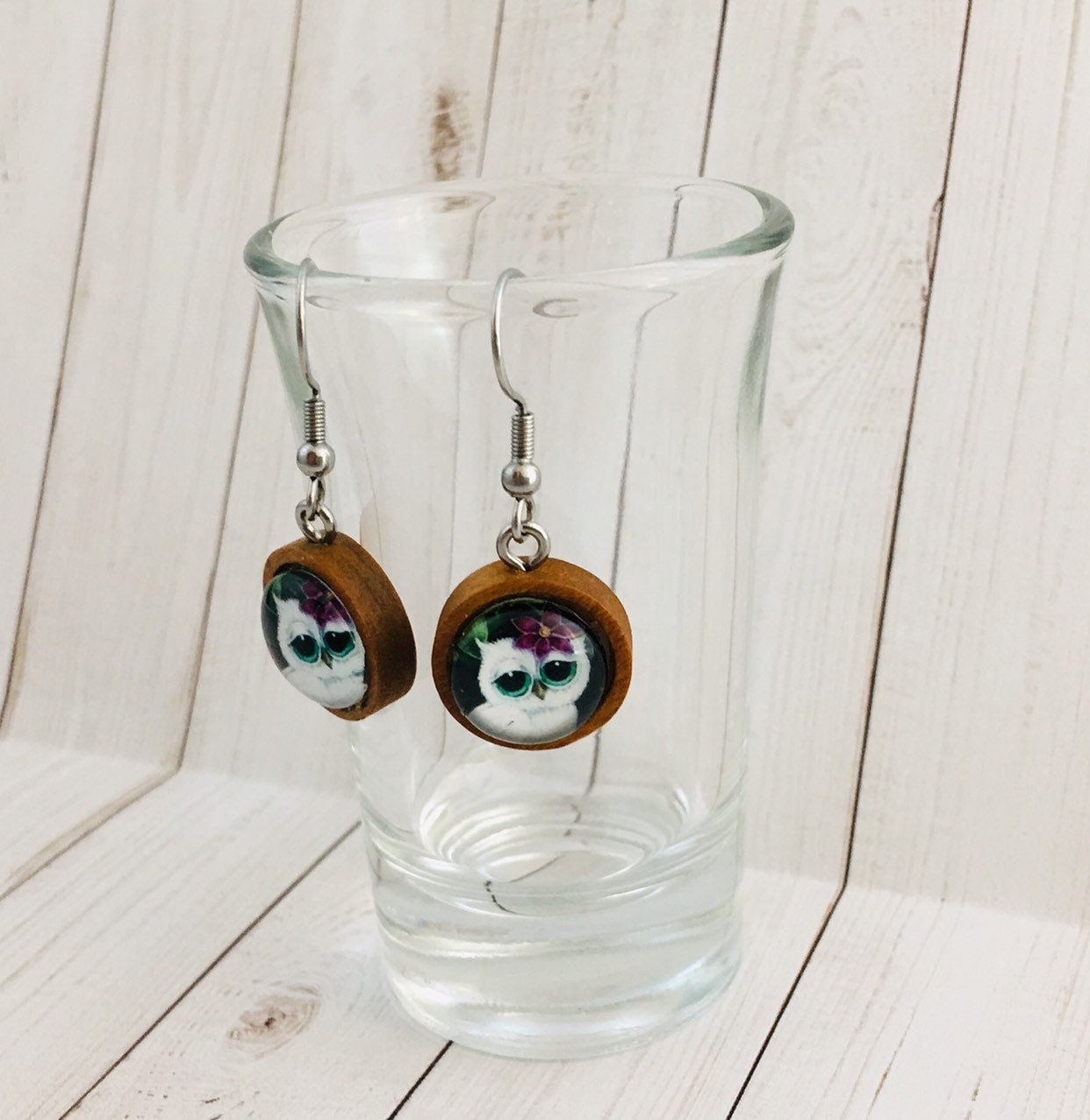 Cute Baby Owl - Wooden Dangle Earrings - 12mm Glass Photo - Cabochon - White Owl