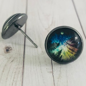 Night Sky - Glass Photo Earrings - 12mm - Cabochon - Studs - Picture Earrings