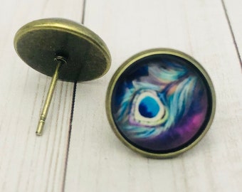 Peacock Feather - Glass Photo Earrings - 12mm - Cabochon - Studs - Picture Earrings