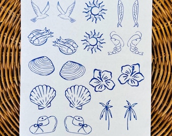 May include: A white paper featuring blue illustrations of seaside motifs. The drawings include birds, suns, fish, prawns, seashells, flowers, shoes, and palm trees. The illustrations are simple line drawings.